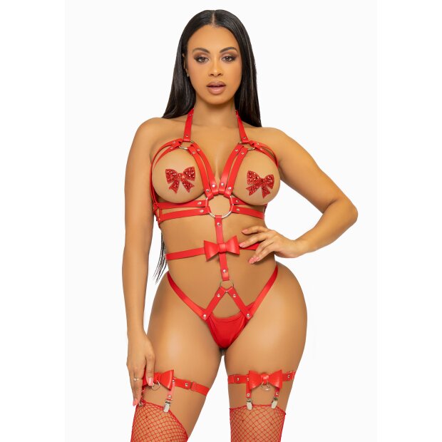 Studded O-Ring Harness Teddy Red S - L