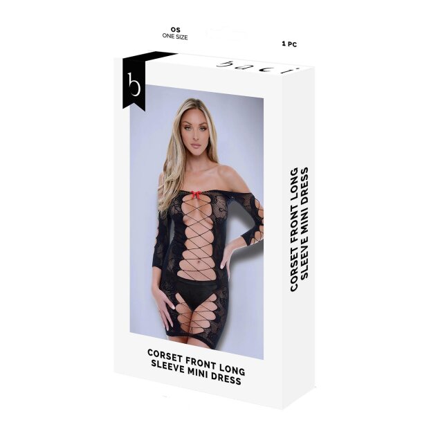 Baci Corset Front Long Sleeve Mini Dress Black Onesize - Queensize