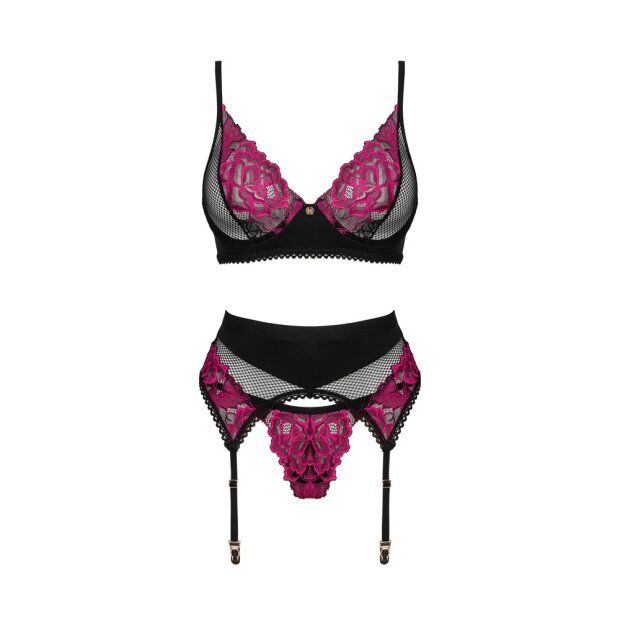 Obssesive Rosenty Set BH Strapsgurt & String rot, schwarz XS/S - XL/XXL