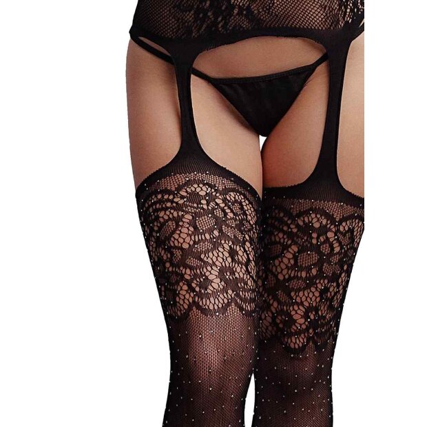 Suspender Rhinestone Bodystocking - Black Onesize - Queensize