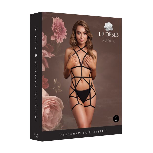Le Désir Strappy Open Cup Body Harness with Garters Black Onesize - Queensize