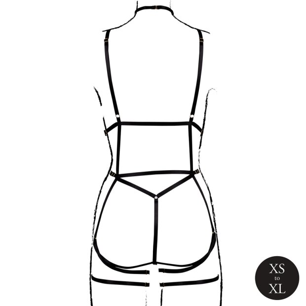 Le Désir Strappy Open Cup Body Harness with Garters Black Onesize - Queensize