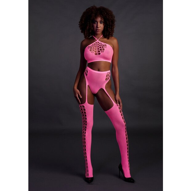 Shots Ouch! UV-Neon Zweiteiler mit Crop Top und Strümpfen pink Onesize - Queensize