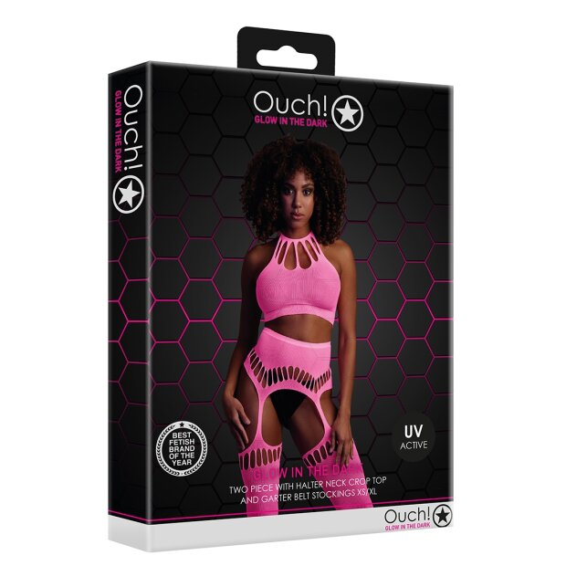 Shots Ouch! UV-Neon Zweiteiler mit Crop Top und Strümpfen pink Onesize - Queensize