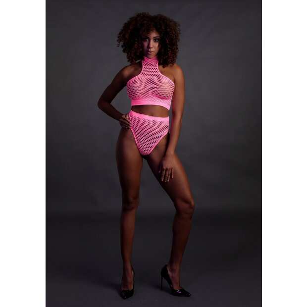 Shots Ouch! UV-Neon Crop Tank Top und Slip mit hoher Taille pink Onesize - Queensize