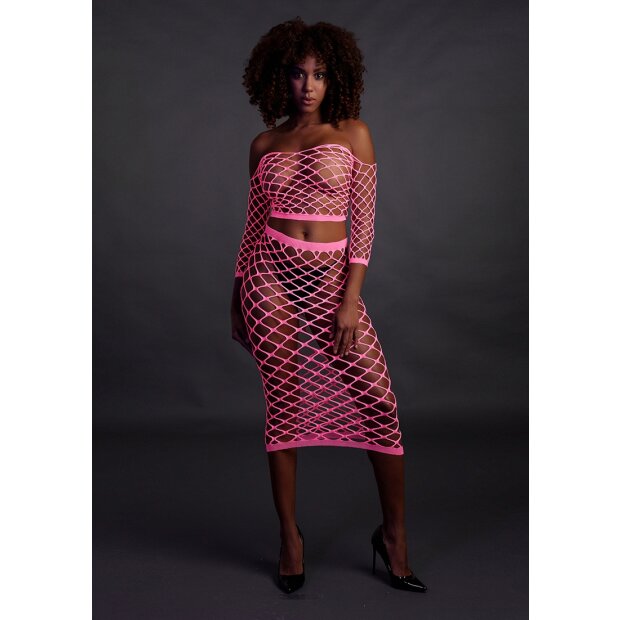 Shots Ouch!  UV-Neon Langarm Crop Top und langer Rock pink Onesize - Queensize