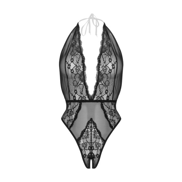 Christine Open crotch halterteddy Dina - black S/M - L/XL