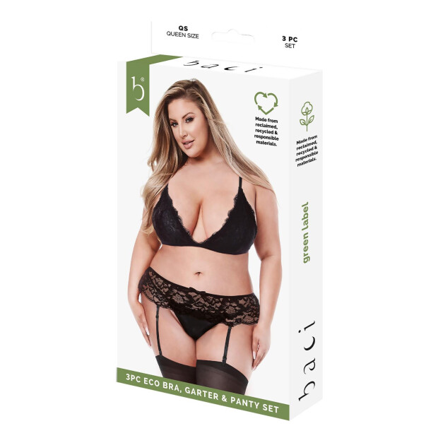 Baci 3-teiliges BH-Strumpfhalter- und Höschenset Schwarz Queen Size