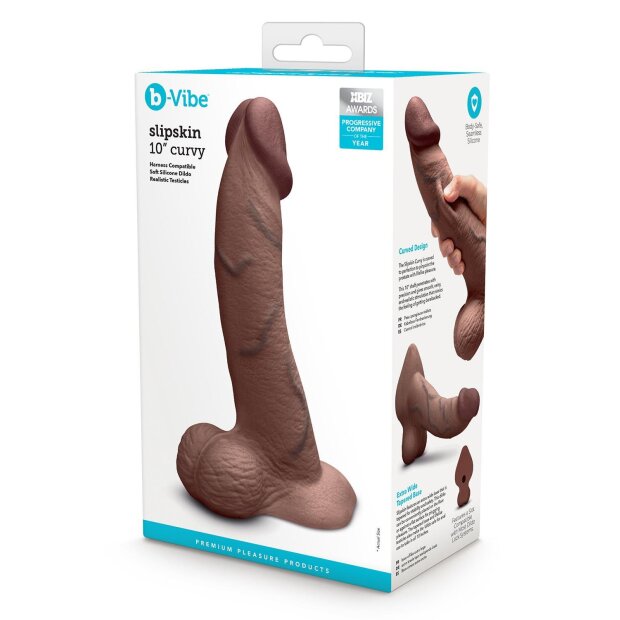 B-Vibe Slipskin Realistic Silicone Dildo 10 Inch Curved Brown
