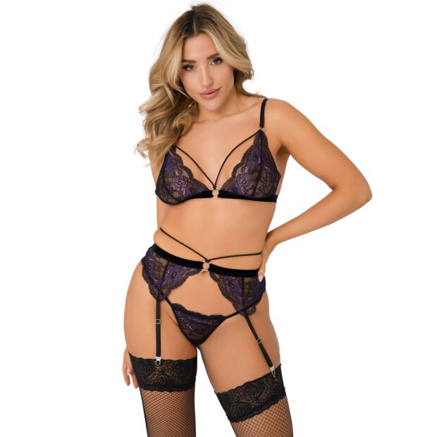 Daring Intimates 3-Piece Lace Bra, Panty & Garter Set Black Purple L-XL