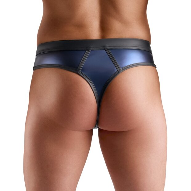 Svenjoyment String Wetlook avec Empiècements Résille Bleu Foncé S