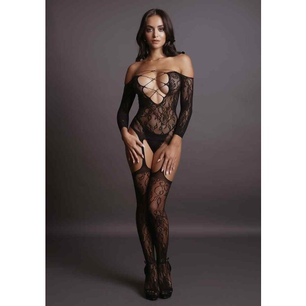 Criss Cross Neck Bodystocking - Black One Size