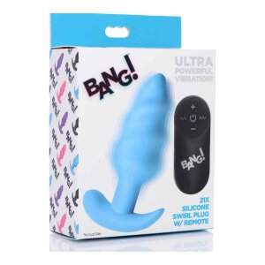 21X Vibrating Silicone Swirl Butt Plug w/ Remote - Blue