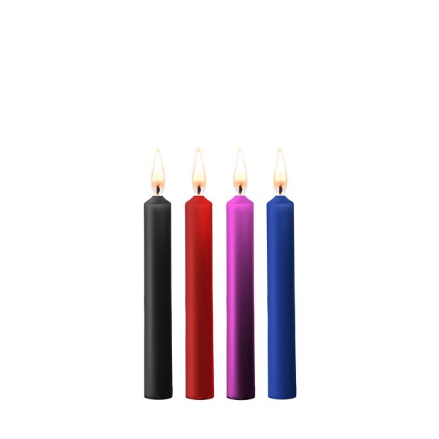 Shots petites bougies de cire Teasing 4 pièces noir, rouge, rose, bleu